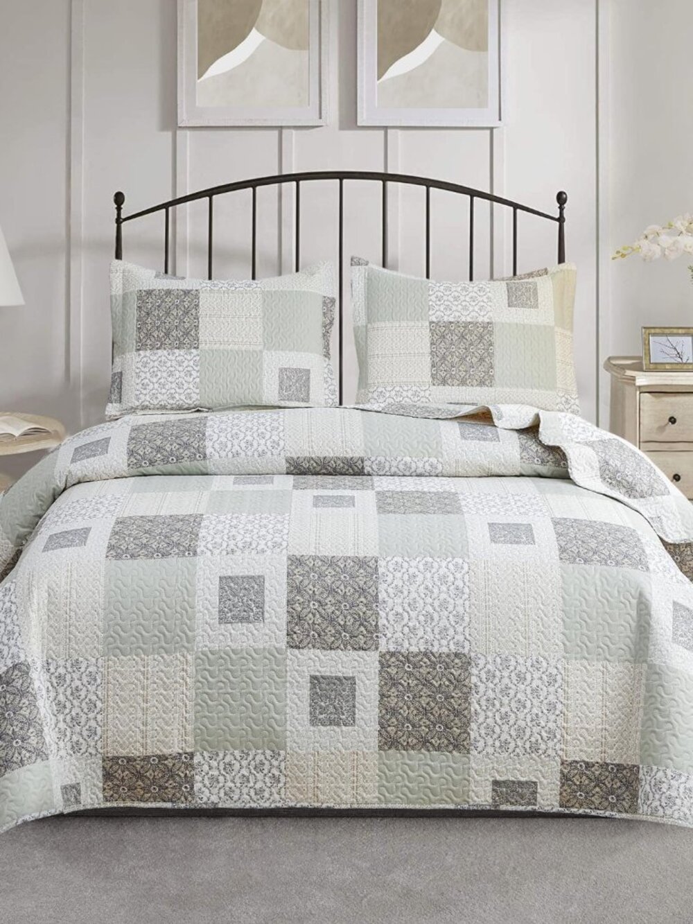 3-Piece Plaid Quilt Set Queen/Full Size, Lightweight Gray Floral Patchwork Bedsp